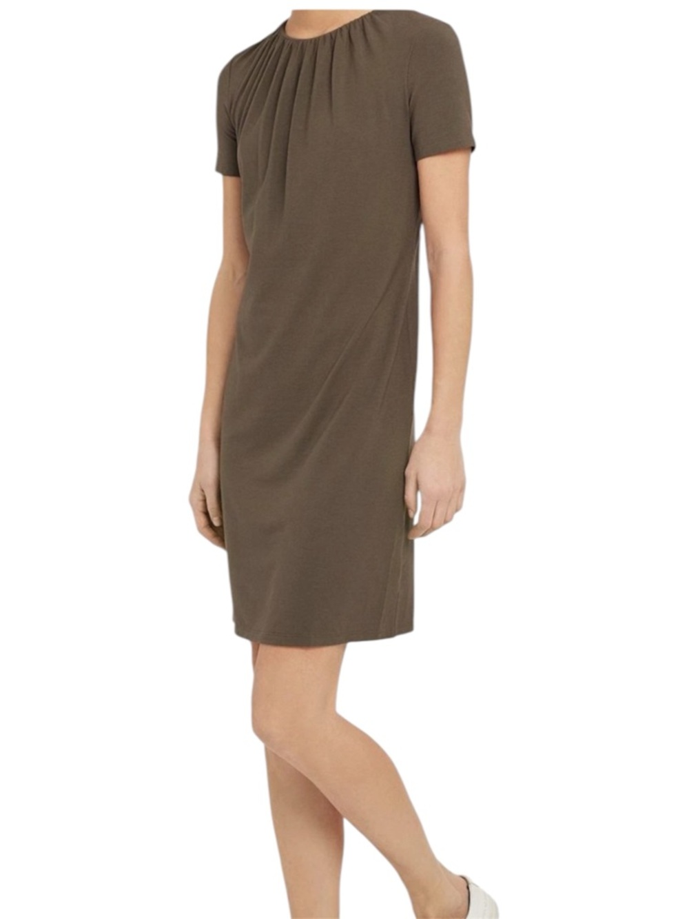 THEORY Gather Tee Ruched Neck Brown Midi Dress Pima Modal Stretch Small